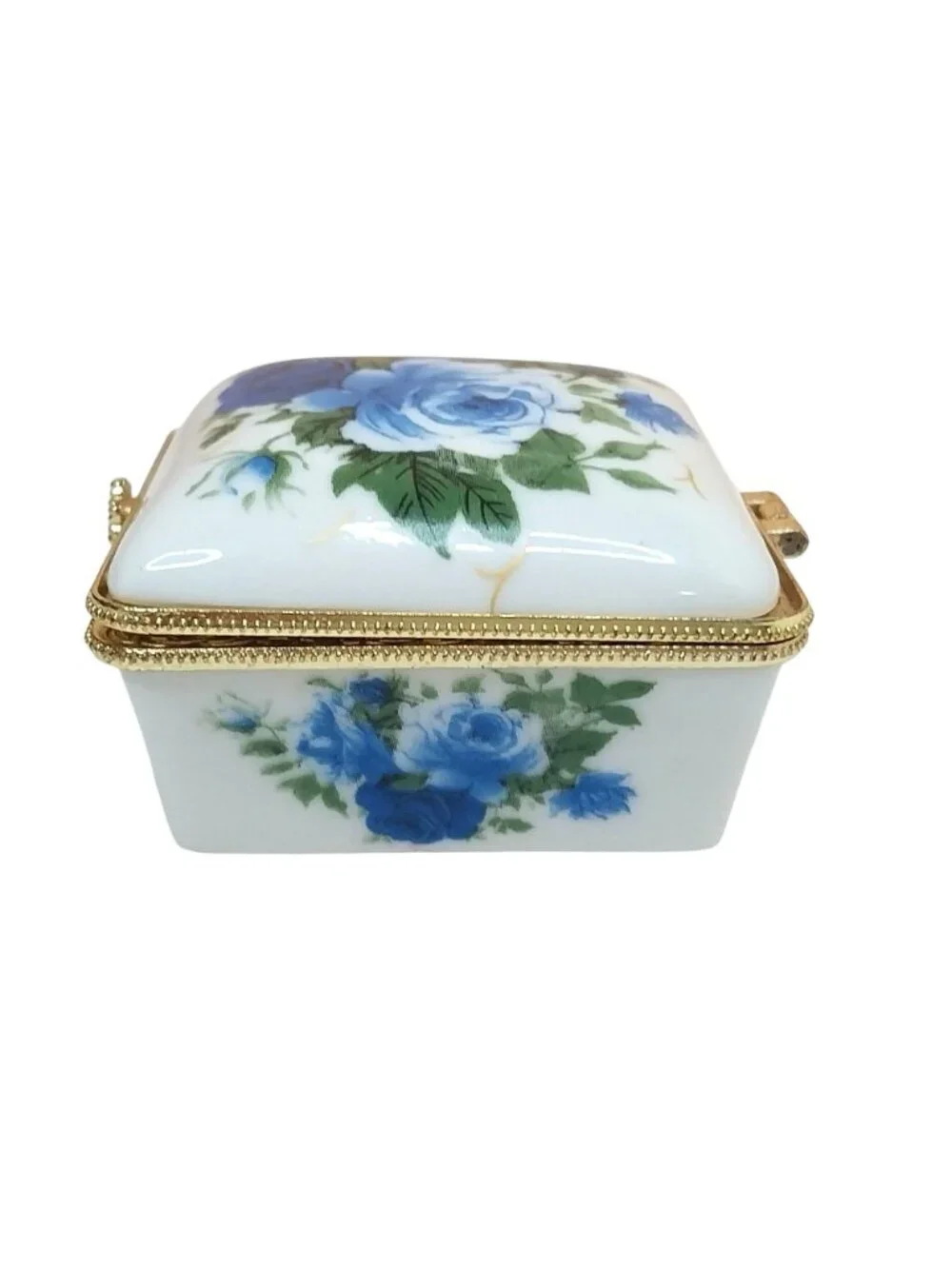Porcelain Trinket Pill Box Blue Roses Floral Gold Trim Hinged Lid Square 2.25
